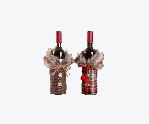 haine sticla cu sticla Set de decoratiuni de Craciun pentru sticle de vin, realizat din panza de sac si guler din blana, cu funda decorativa – ideal pentru cadouri de afaceri-maro