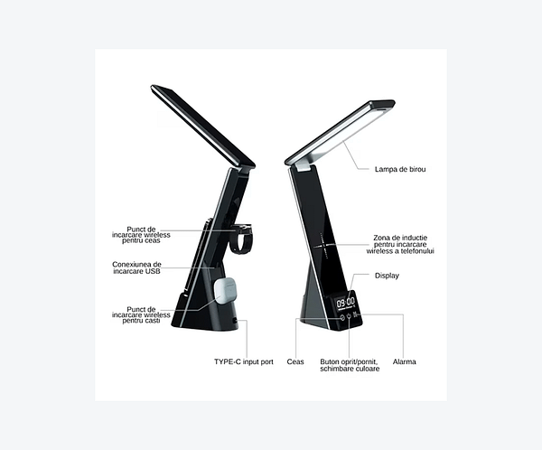 lampa 3 Lampa de birou cu protectie pentru ochi, incarcare wireless integrata si afisaj digital pentru ceas, alarma-fara alimentator-Neagra